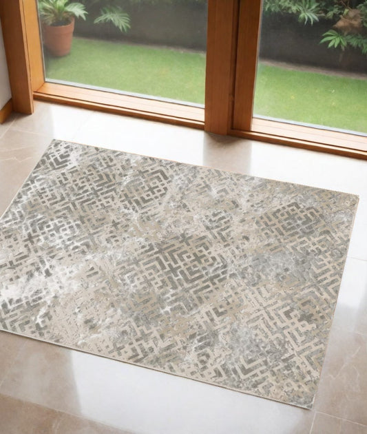 5' X 8' Sand Silver Geometric Maze Pattern Indoor Area Rug