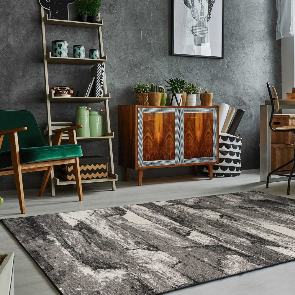 Gray abstract area rug, 8' x 11'.
