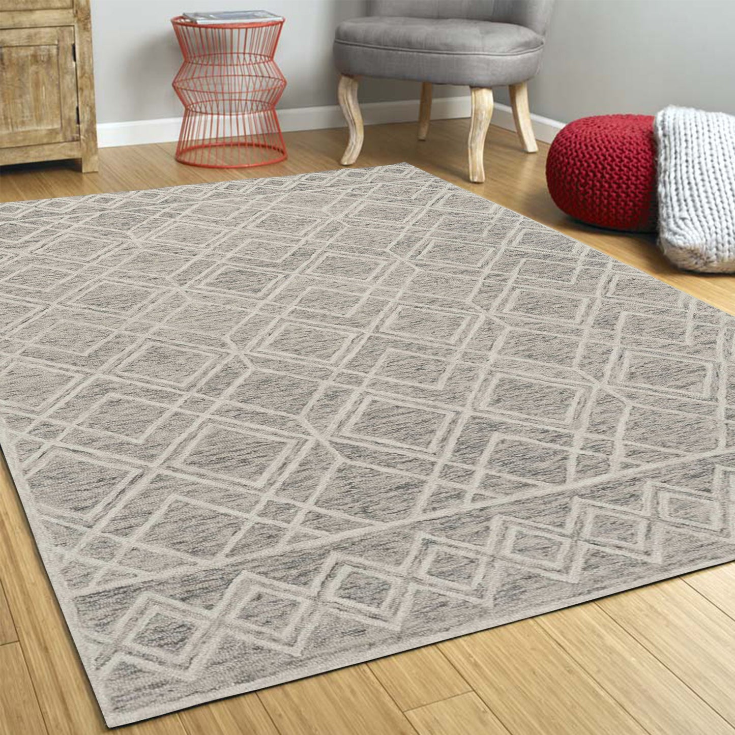 9' X 12' Sand Beige Hand Tufted Diamond Pattern Indoor Area Rug