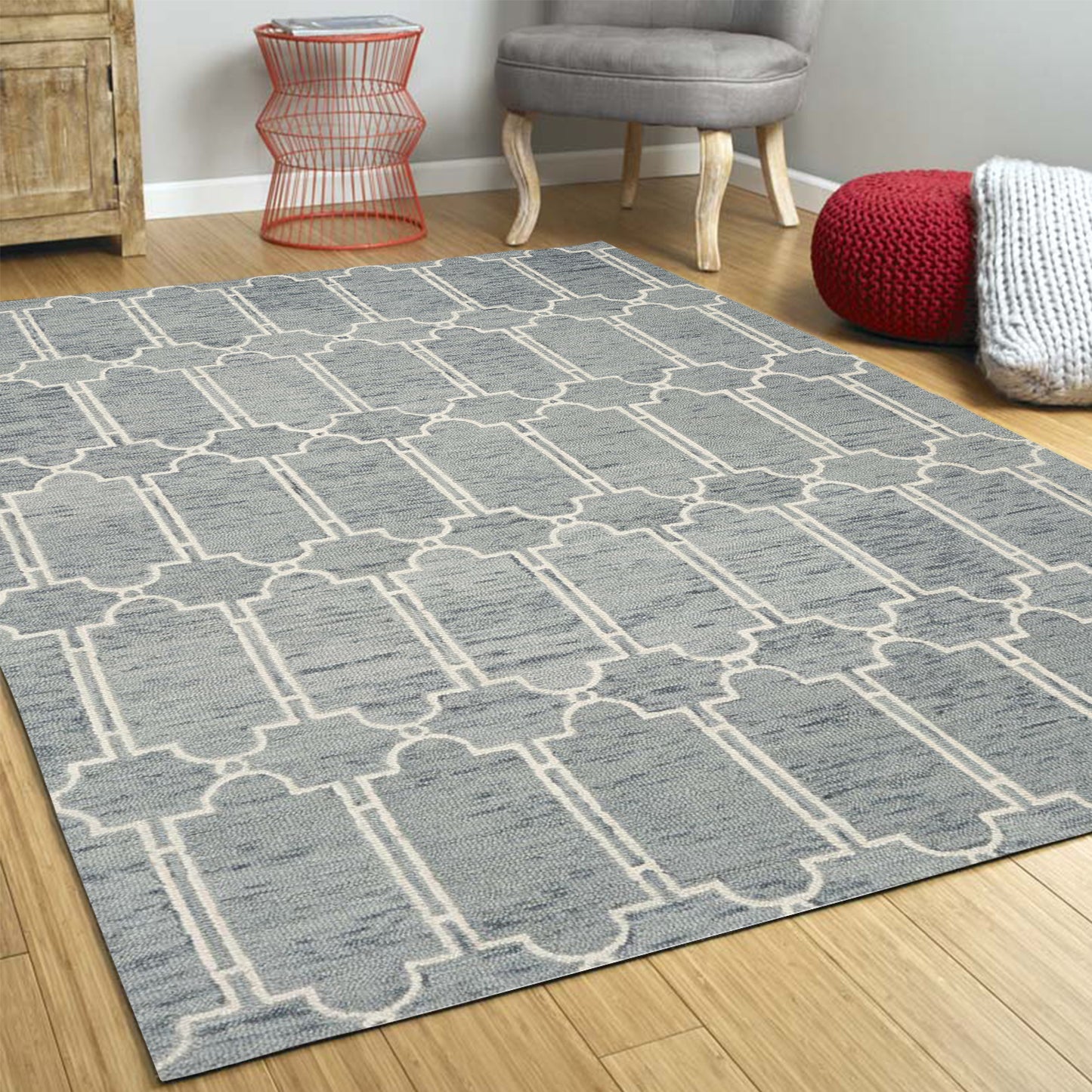 5' X 7' Blue Hand Tufted Wool Herringbone Indoor Area Rug