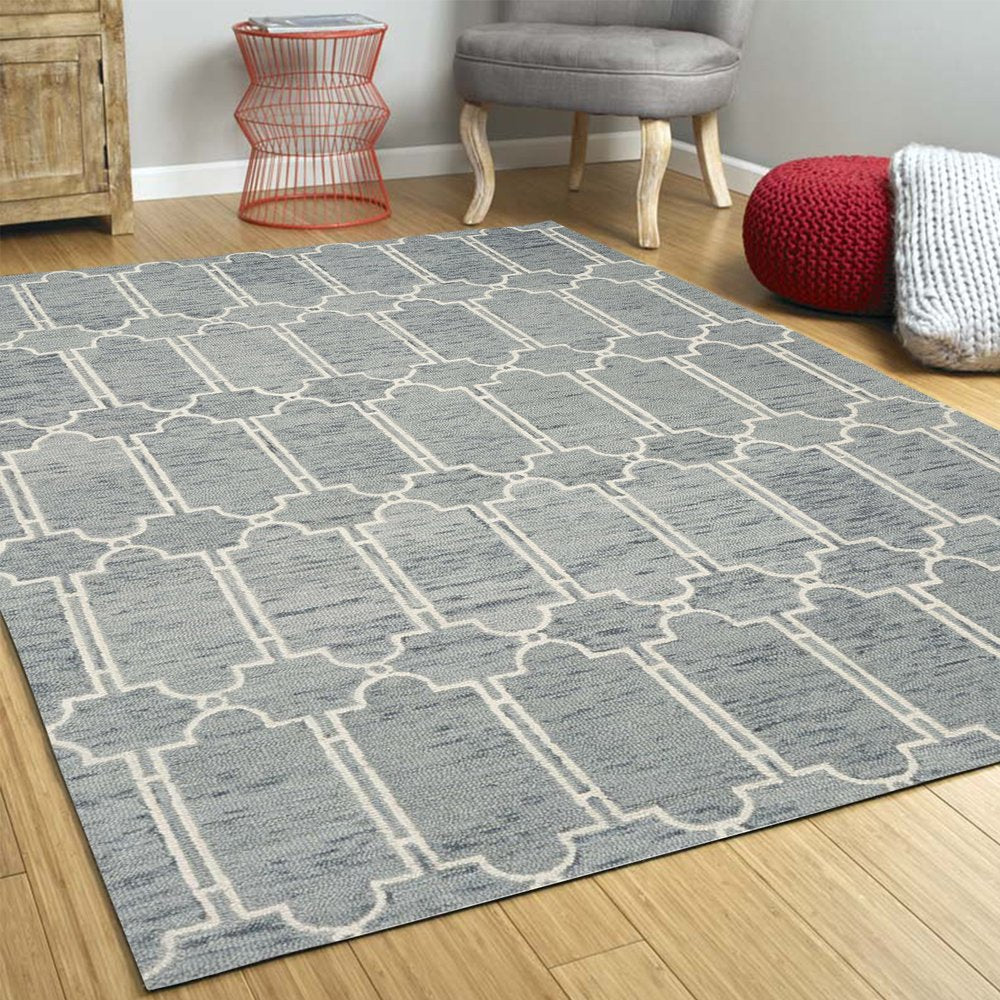 5' X 7' Slate Blue And Ivory Wool Geometric Hand Tufted Area Rug