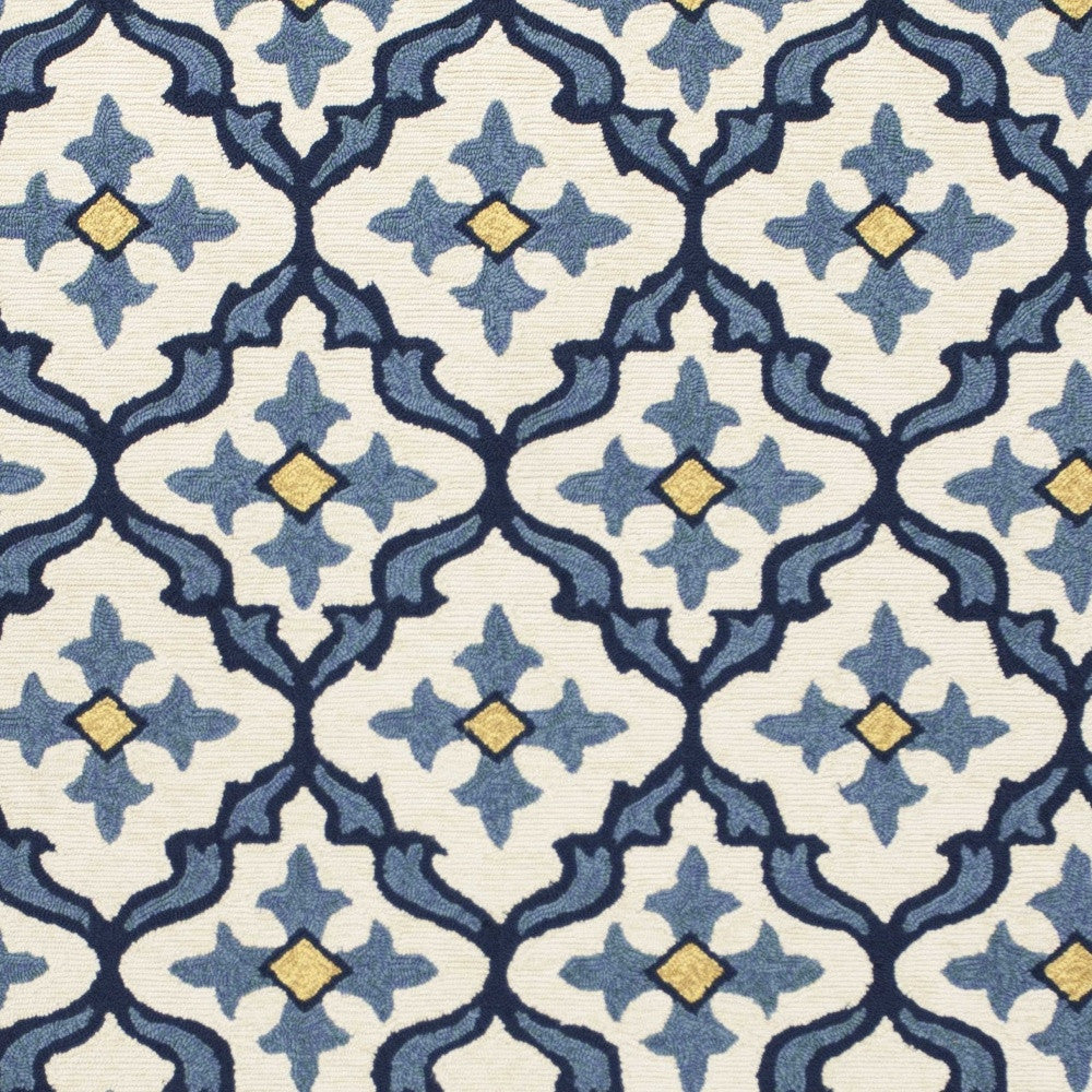 5' X 7' Ivory Or Blue Geometric Mosaic Indoor Outdoor Area Rug