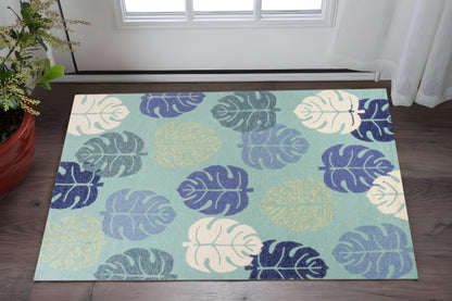 7' X 9' Turquoise And Ivory Botanical Leaves Hand Tufted Area Rug
