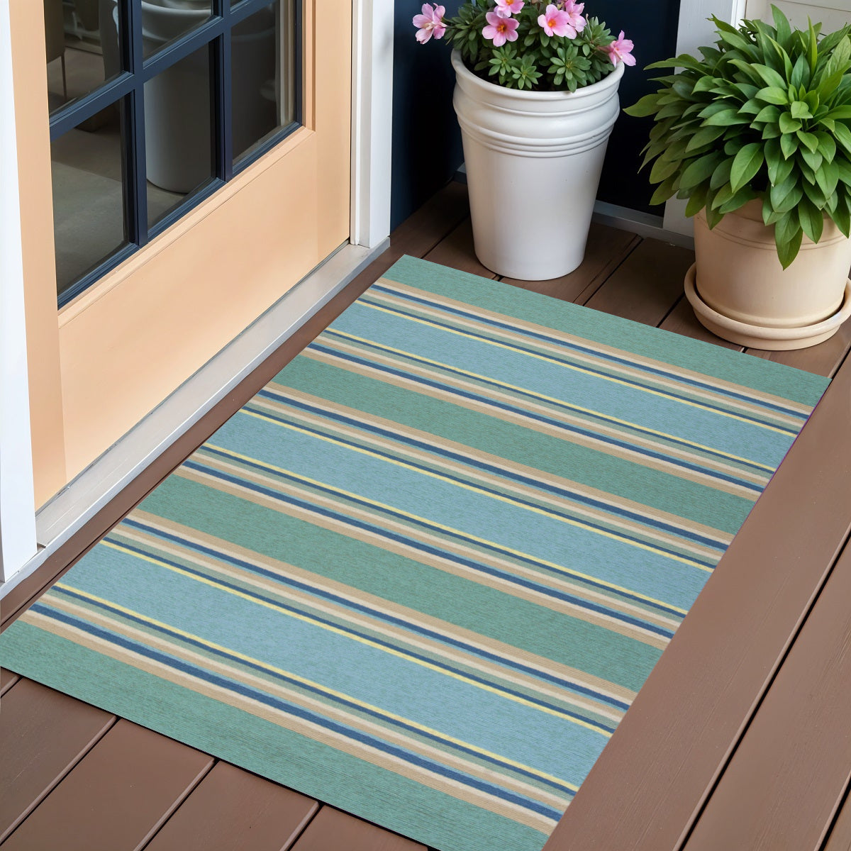 8' X 10' Blue Striped Handmade Indoor Outdoor Area Rug