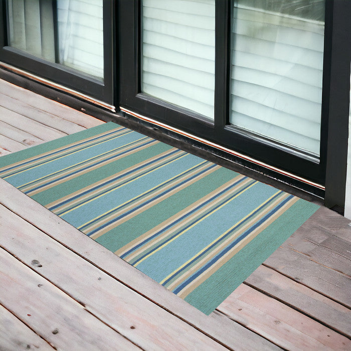 8' X 10' Blue Striped Handmade Indoor Outdoor Area Rug