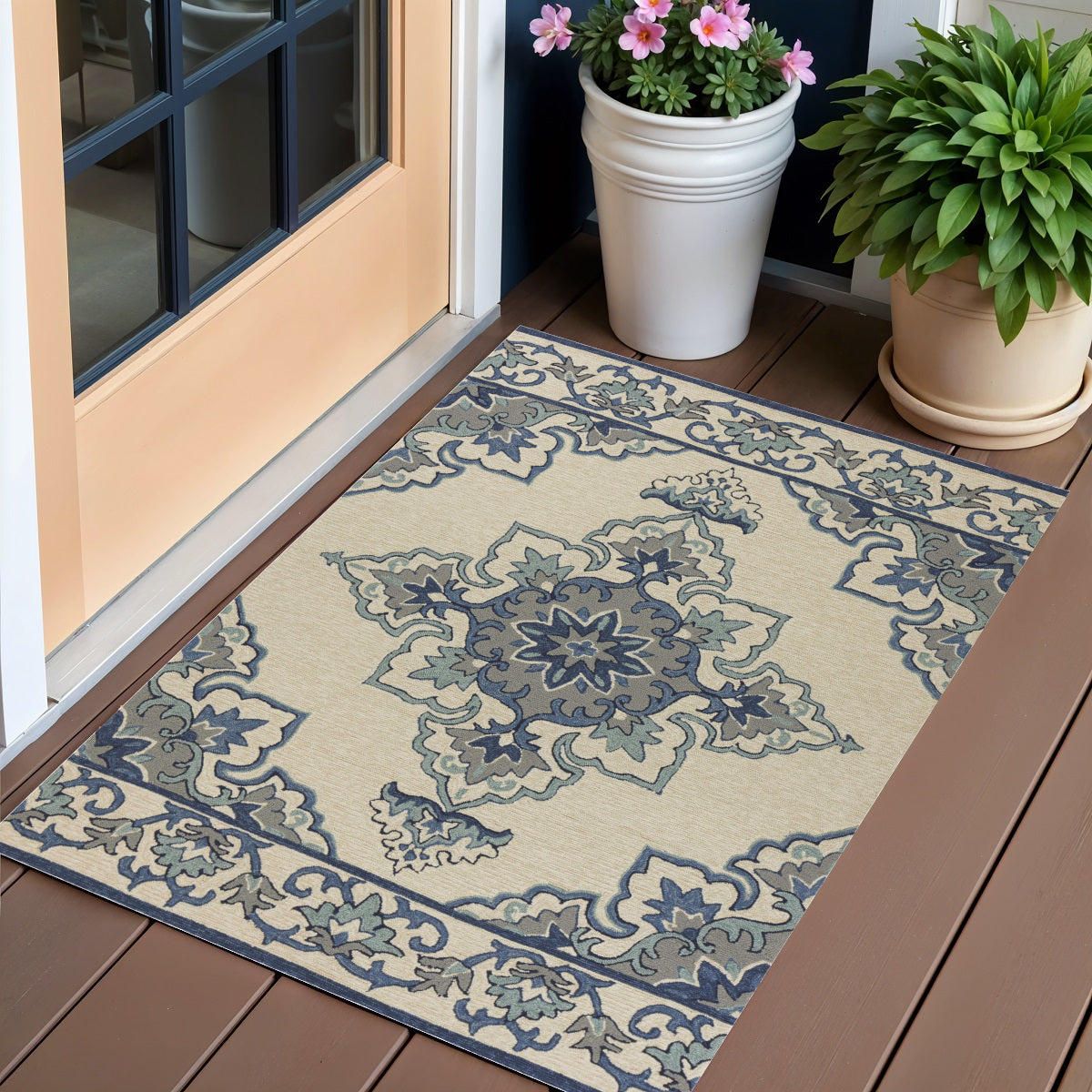 5' X 8' Ivory And Blue Damask Indoor Outdoor Area Rug