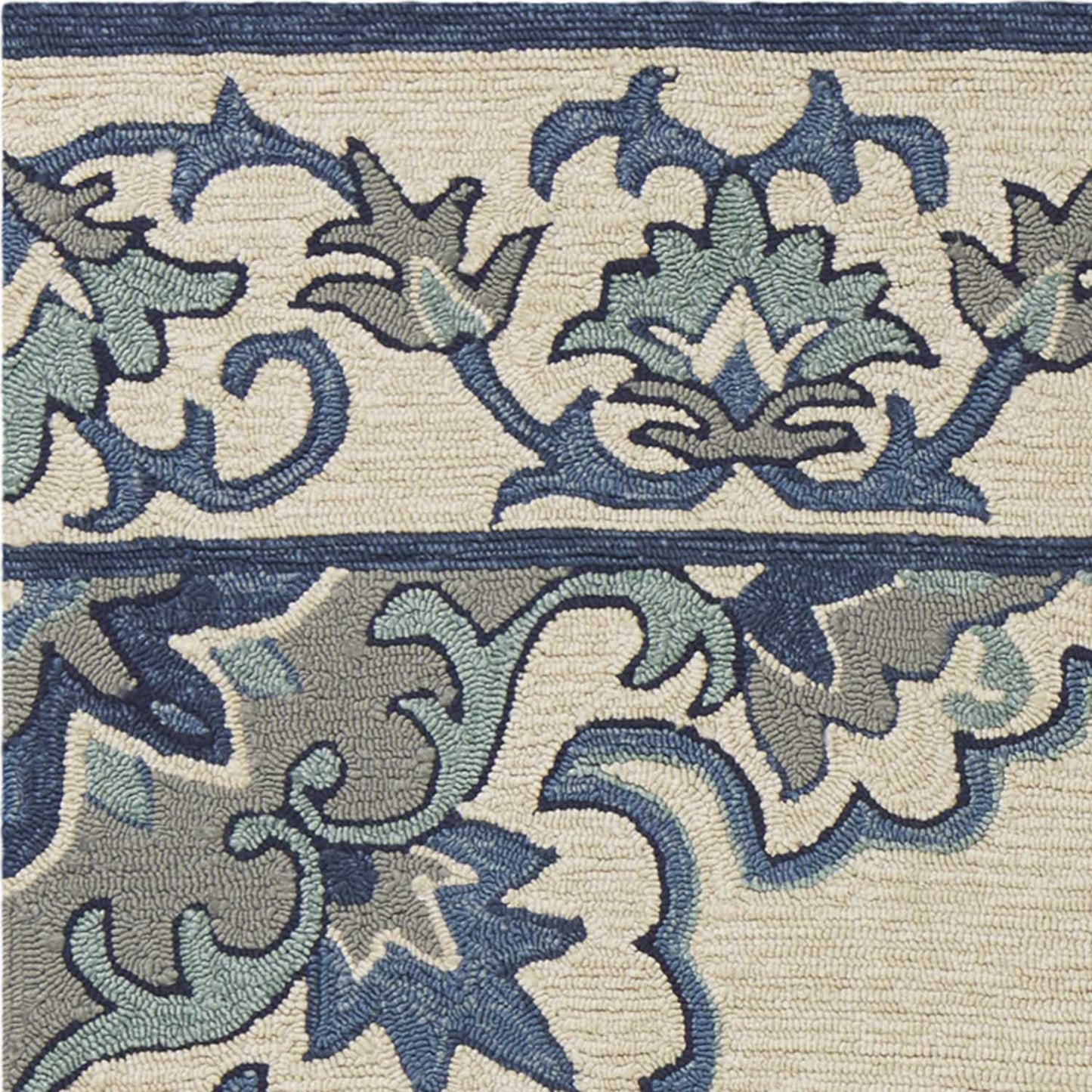 5' X 8' Ivory and Blue Damask Handmade Indoor Outdoor Area Rug