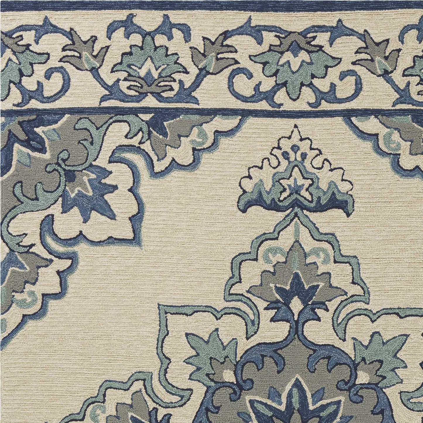 5' X 8' Ivory And Blue Damask Indoor Outdoor Area Rug