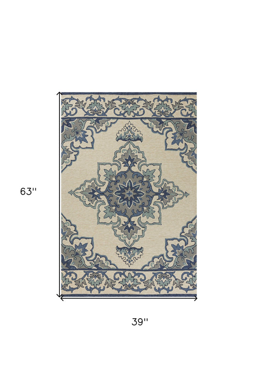 5' X 8' Ivory and Blue Damask Handmade Indoor Outdoor Area Rug