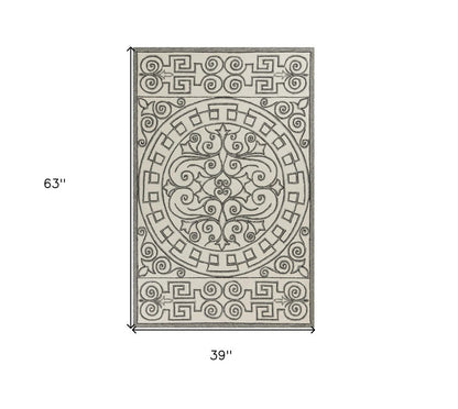 8' Gray And Ivory Round Damask Indoor Outdoor Area Rug