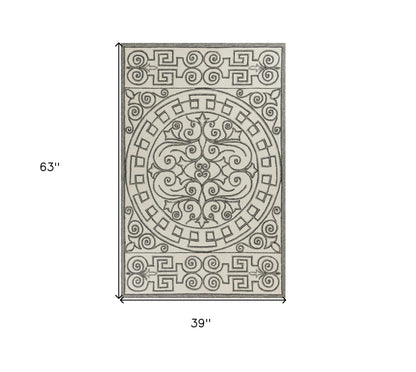 8' Gray And Ivory Round Damask Indoor Outdoor Area Rug