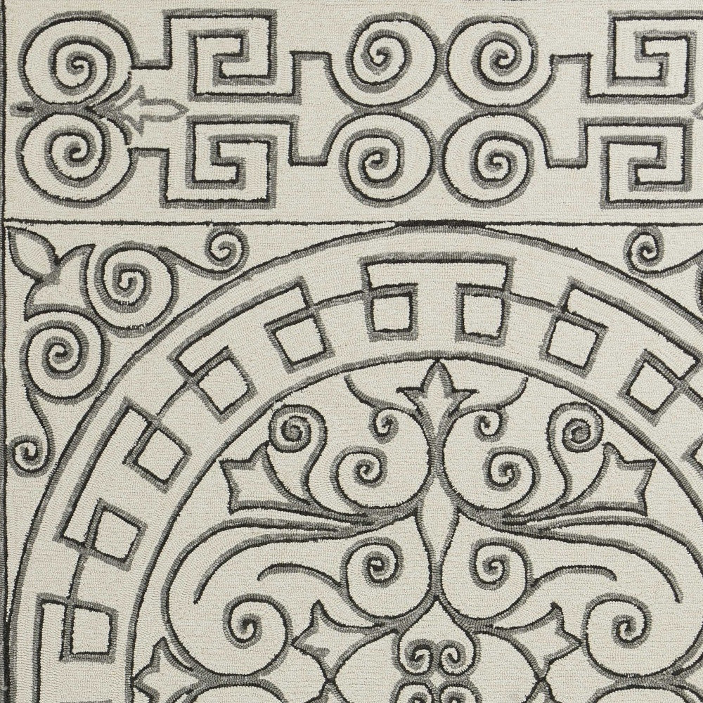 8' Gray And Ivory Round Damask Indoor Outdoor Area Rug