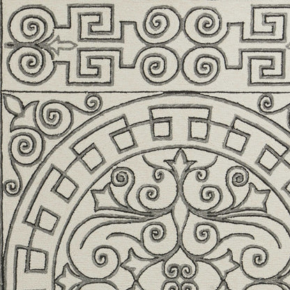 8' Gray And Ivory Round Damask Indoor Outdoor Area Rug