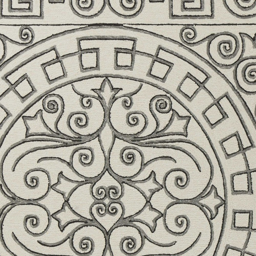 8' Gray And Ivory Round Damask Indoor Outdoor Area Rug