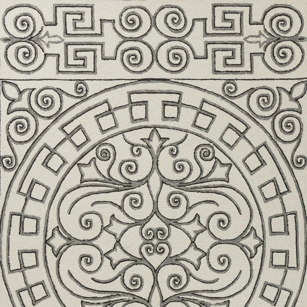 8' Gray And Ivory Round Damask Indoor Outdoor Area Rug