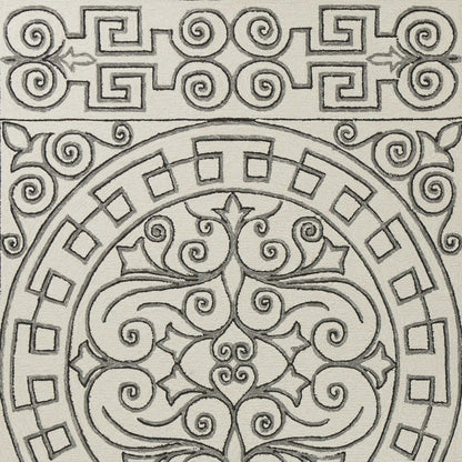 8' Gray And Ivory Round Damask Indoor Outdoor Area Rug