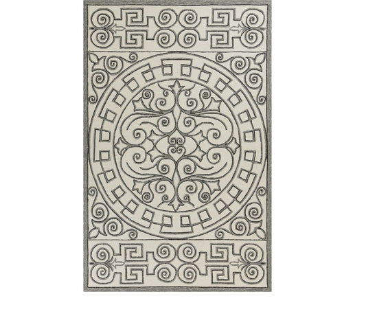 5' X 8' Gray and Ivory Damask Handmade Indoor Outdoor Area Rug