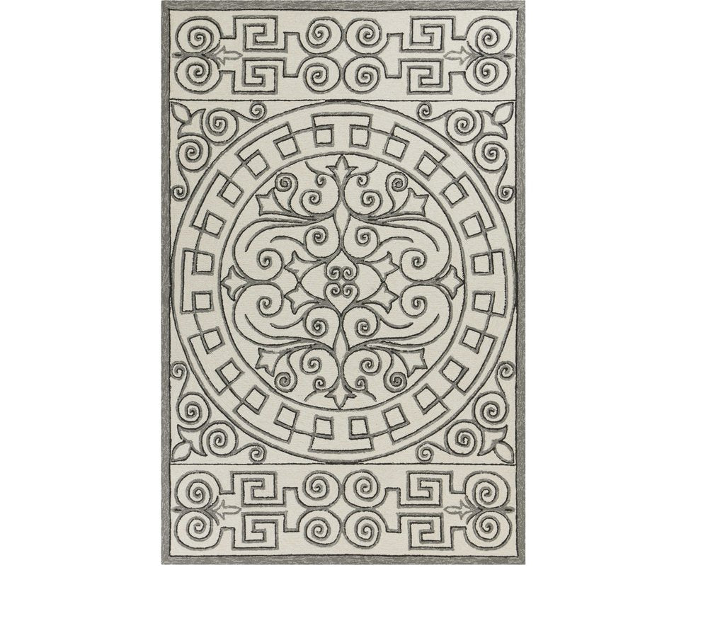 8' Gray And Ivory Round Damask Indoor Outdoor Area Rug