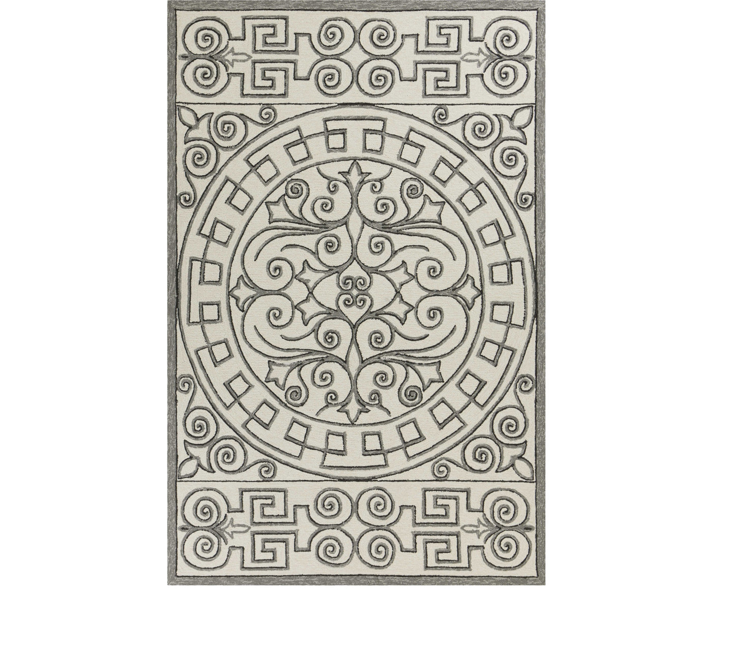 8' Gray And Ivory Round Damask Indoor Outdoor Area Rug