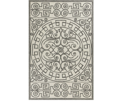 8' Gray And Ivory Round Damask Indoor Outdoor Area Rug