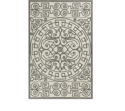 8' Gray And Ivory Round Damask Indoor Outdoor Area Rug