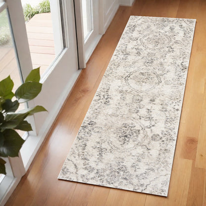 9' X 13' Grey Machine Woven Distressed Floral Traditional Indoor Area Rug