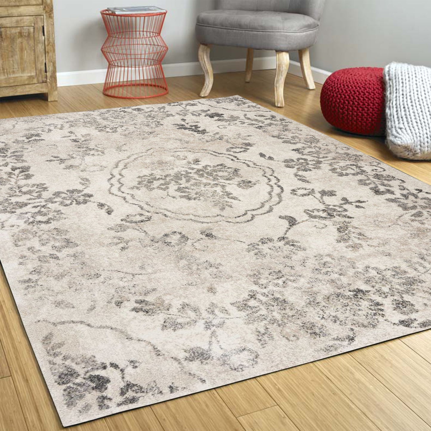 8' X 10' Grey Machine Woven Distressed Floral Traditional Indoor Area Rug