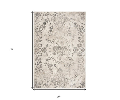 9' X 13' Grey Machine Woven Distressed Floral Traditional Indoor Area Rug