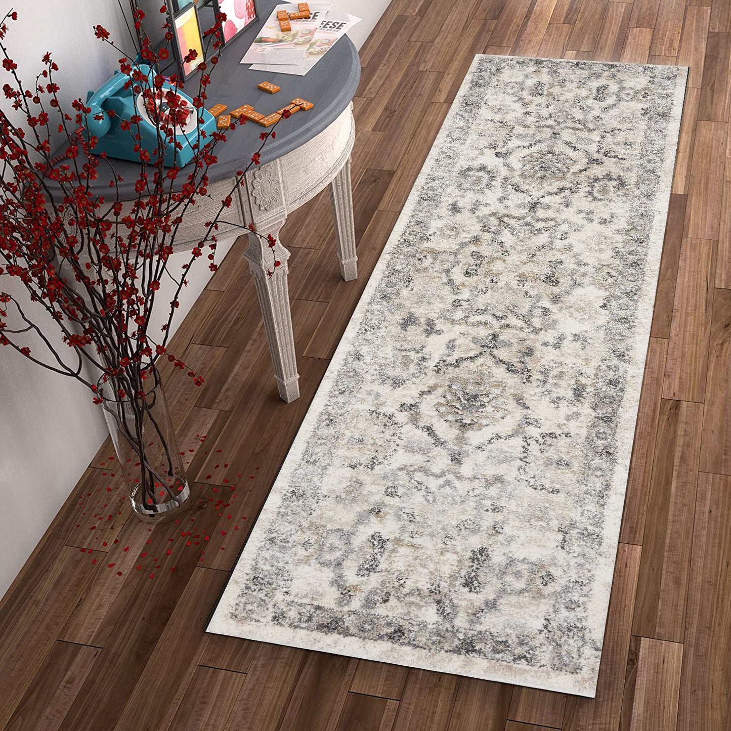 8' X 10' Ivory Machine Woven Distressed Floral Traditional Indoor Area Rug