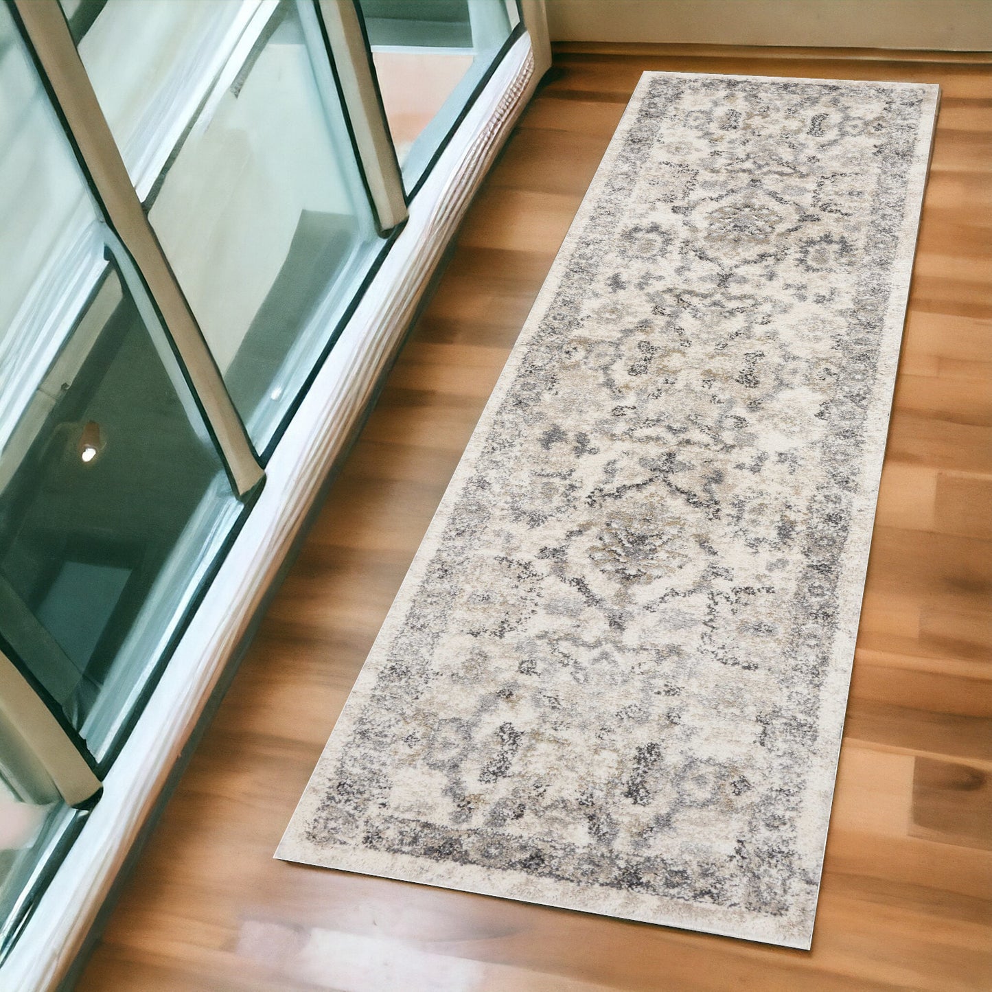 8' X 10' Ivory Machine Woven Distressed Floral Traditional Indoor Area Rug