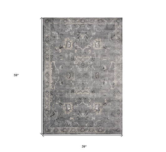 7' Runner Gray Floral Distressed Runner Rug