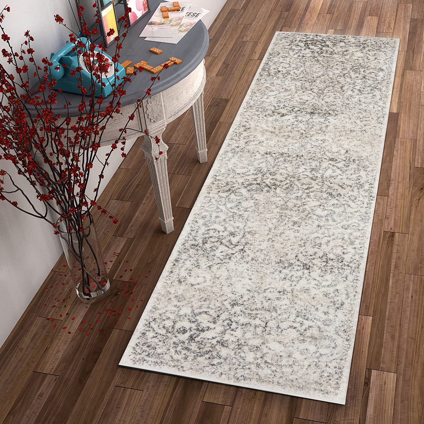 8' X 10' Ivory and Gray Floral Vines Distressed Area Rug