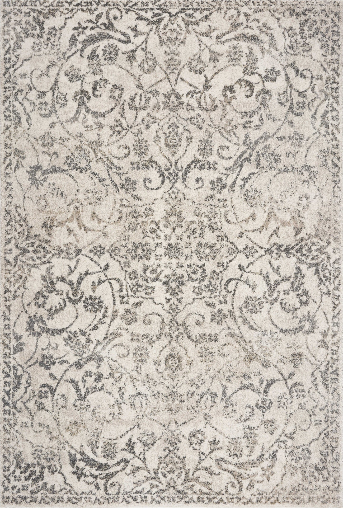 8' X 10' Ivory and Gray Floral Vines Distressed Area Rug