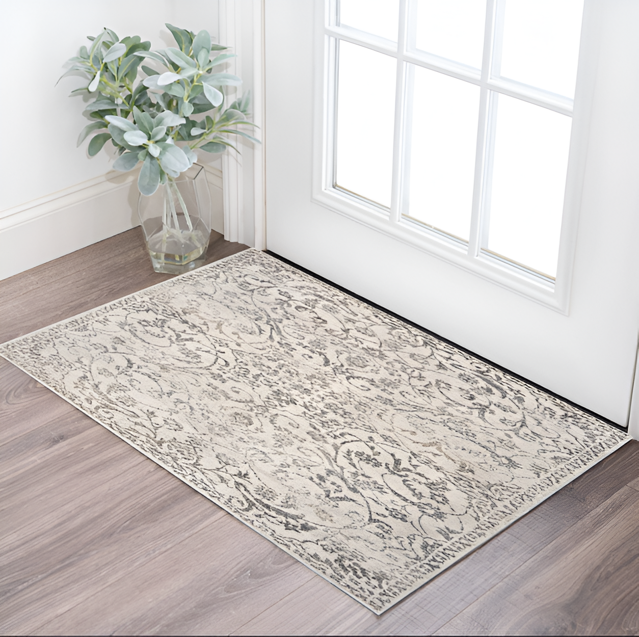 8' X 10' Ivory and Gray Floral Vines Distressed Area Rug