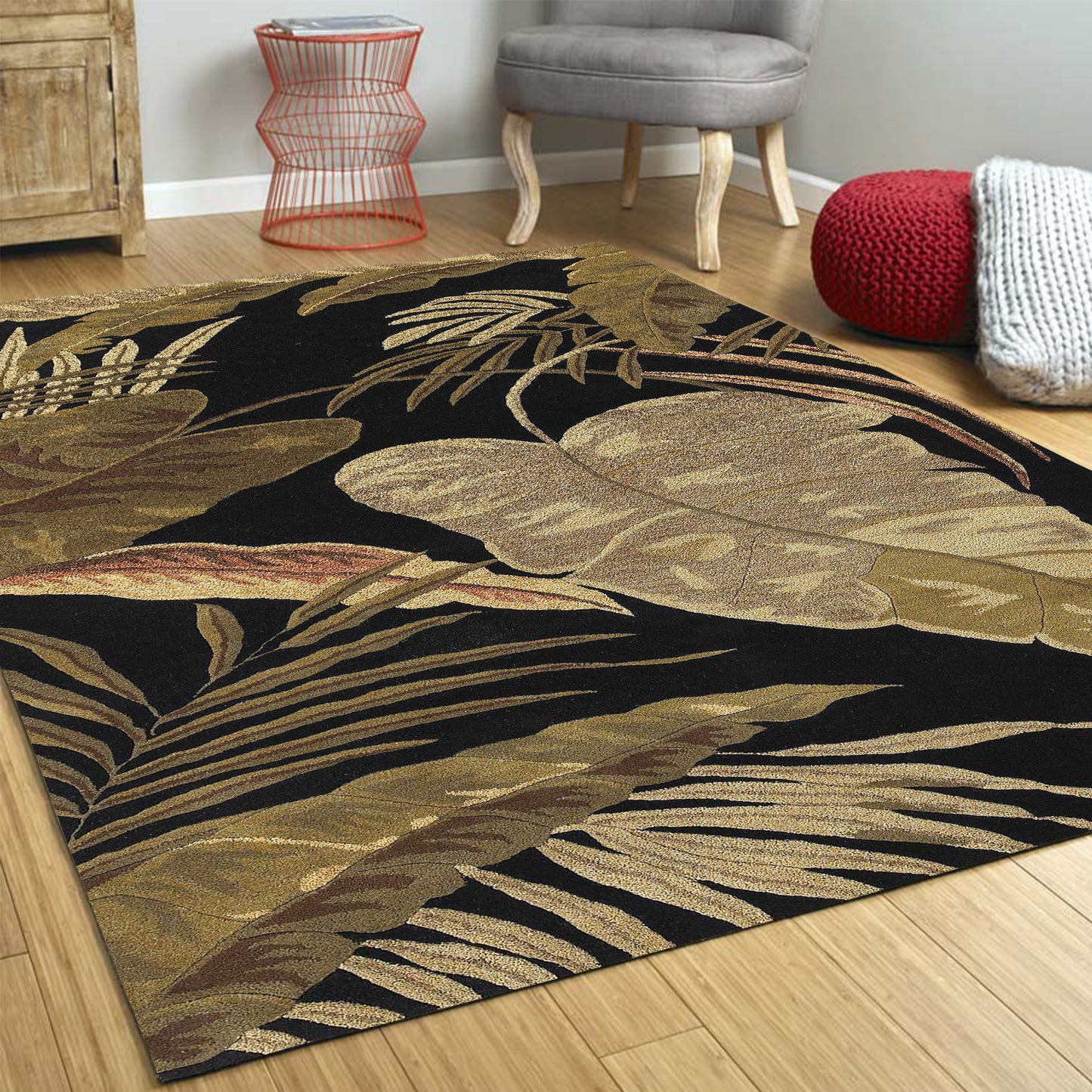 5' X 8' Midnight Black Hand Tufted Tropical Leaves Indoor Area Rug