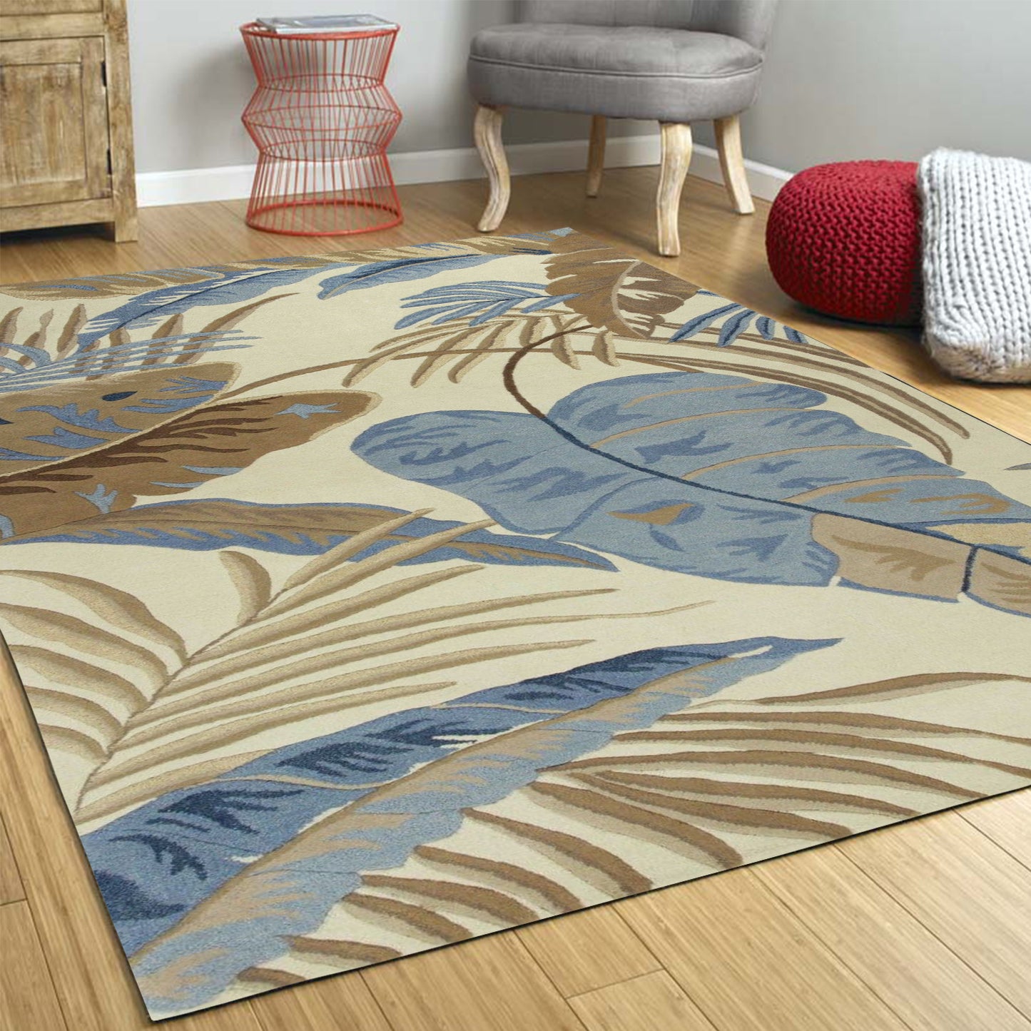 5' X 8' Ivory and Blue Wool Tropical Botanical Hand Tufted Area Rug