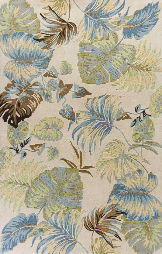 8' Ivory Blue Hand Tufted Tropical Leaves Indoor Runner Rug