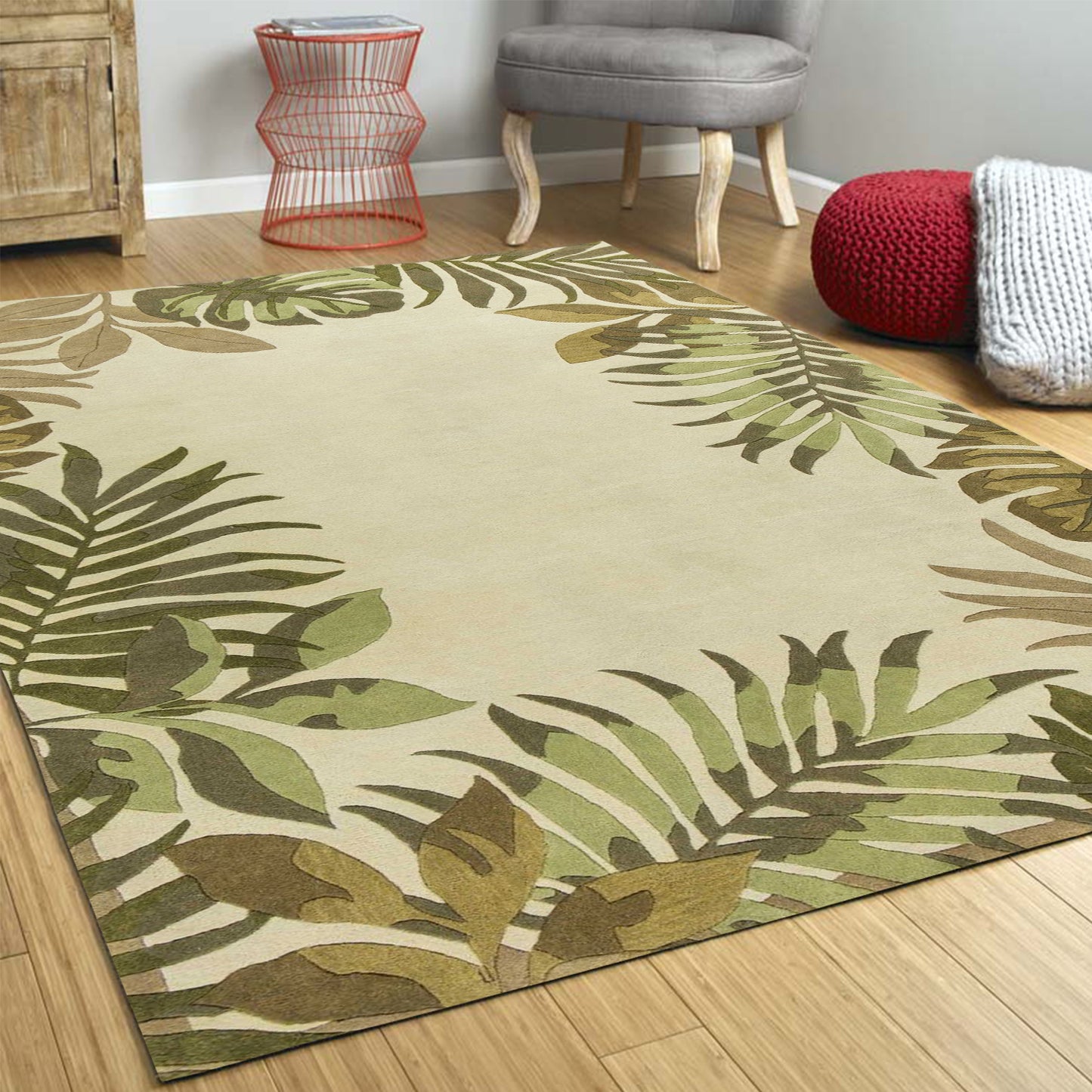 5' X 8' Ivory Hand Tufted Bordered Tropical Leaves Indoor Area Rug