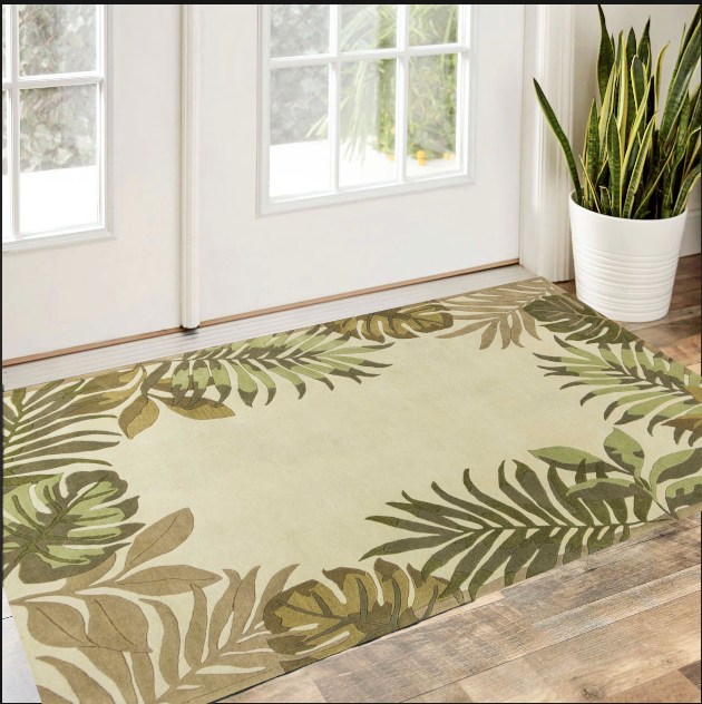 5' X 8' Ivory Hand Tufted Bordered Tropical Leaves Indoor Area Rug