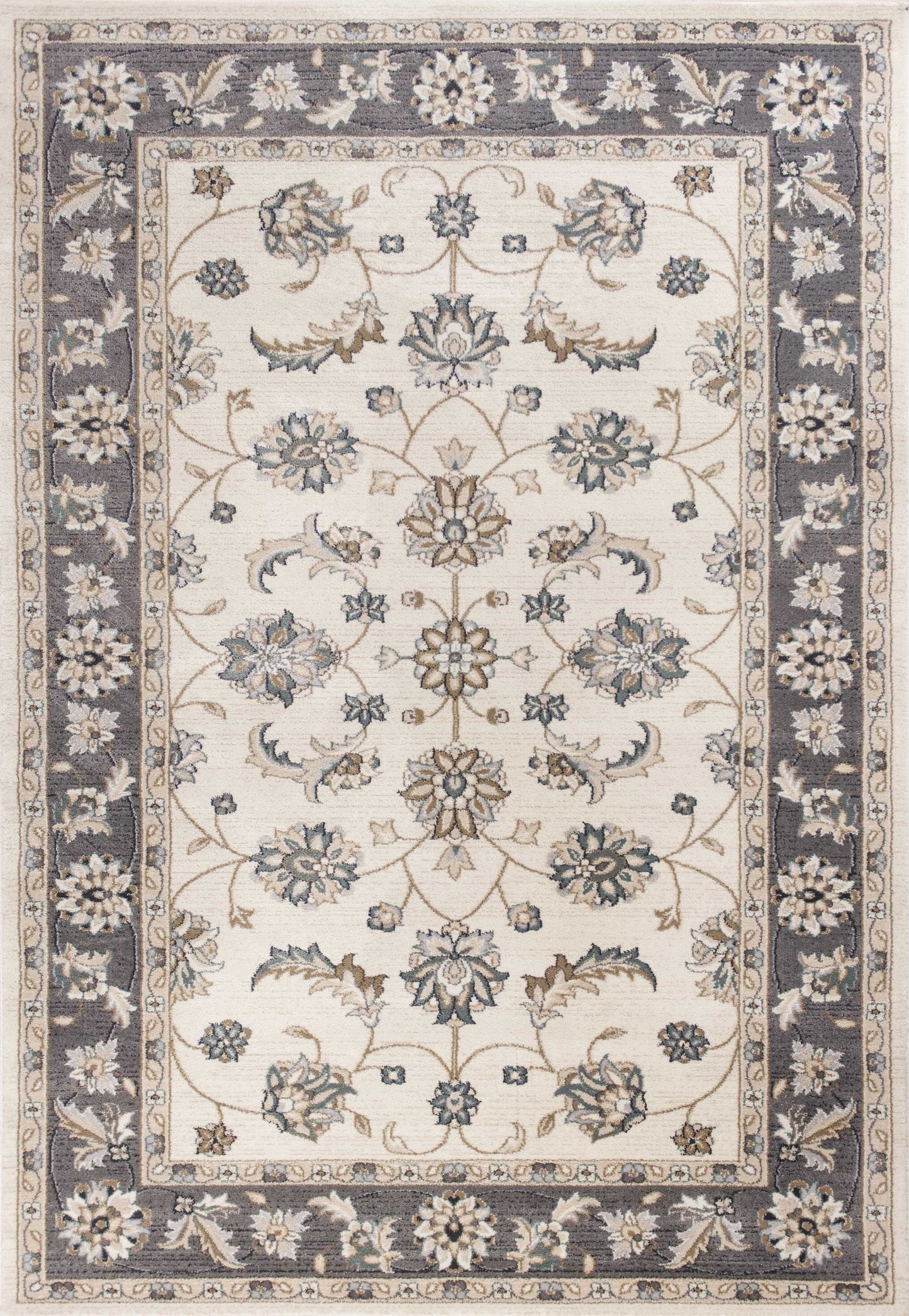 9' X 12' Ivory Grey Bordered Floral Indoor Area Rug