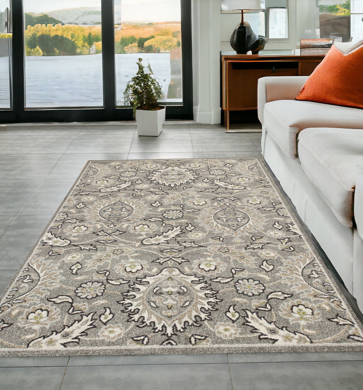 7' X 9' Grey Floral Vine Uv Treated Indoor Area Rug