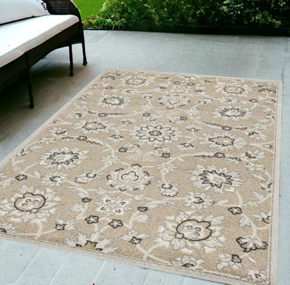 7' X 10' Beige Floral Indoor Outdoor Area Rug