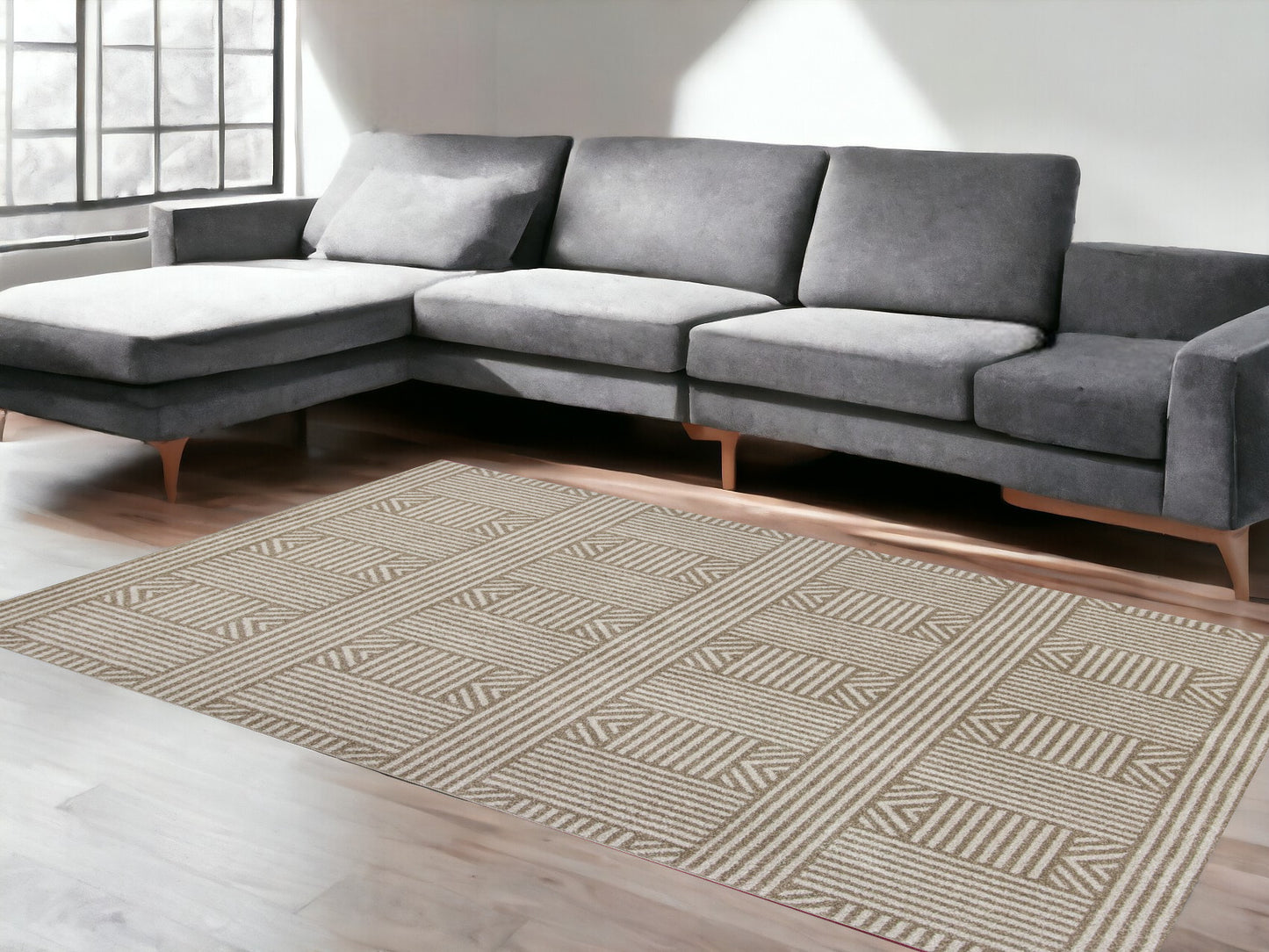 3' X 5' Beige and Ivory Geometric Indoor Outdoor Area Rug