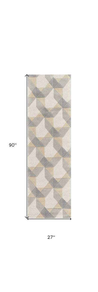 5' X 8' Ivory Gray And Cream Wool Geometric Hand Tufted Area Rug