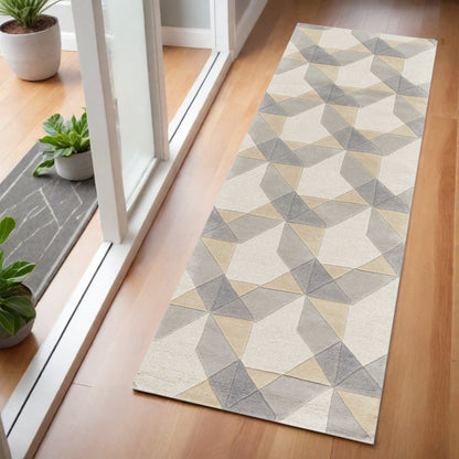 5' X 8' Ivory Gray And Cream Wool Geometric Hand Tufted Area Rug