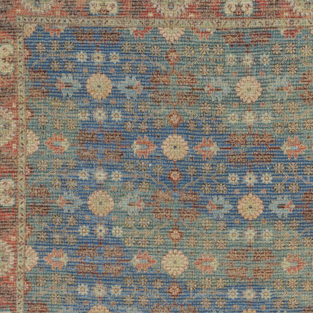 5' X 7' Blue Red And Beige Floral Medallion Hand Woven Distressed Area Rug