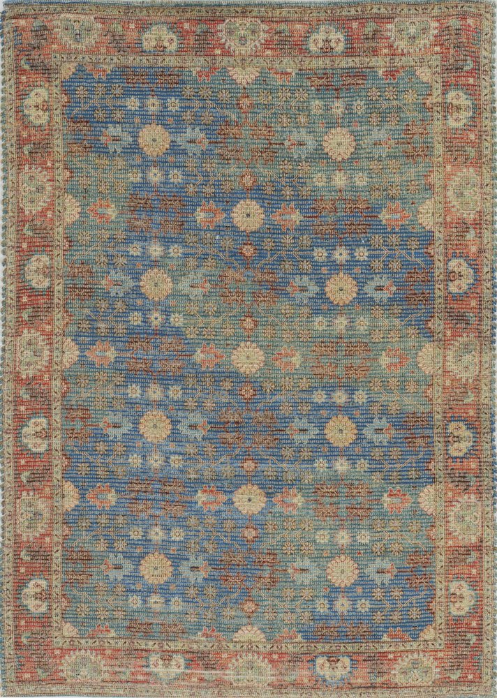 5' X 7' Blue Red And Beige Floral Medallion Hand Woven Distressed Area Rug