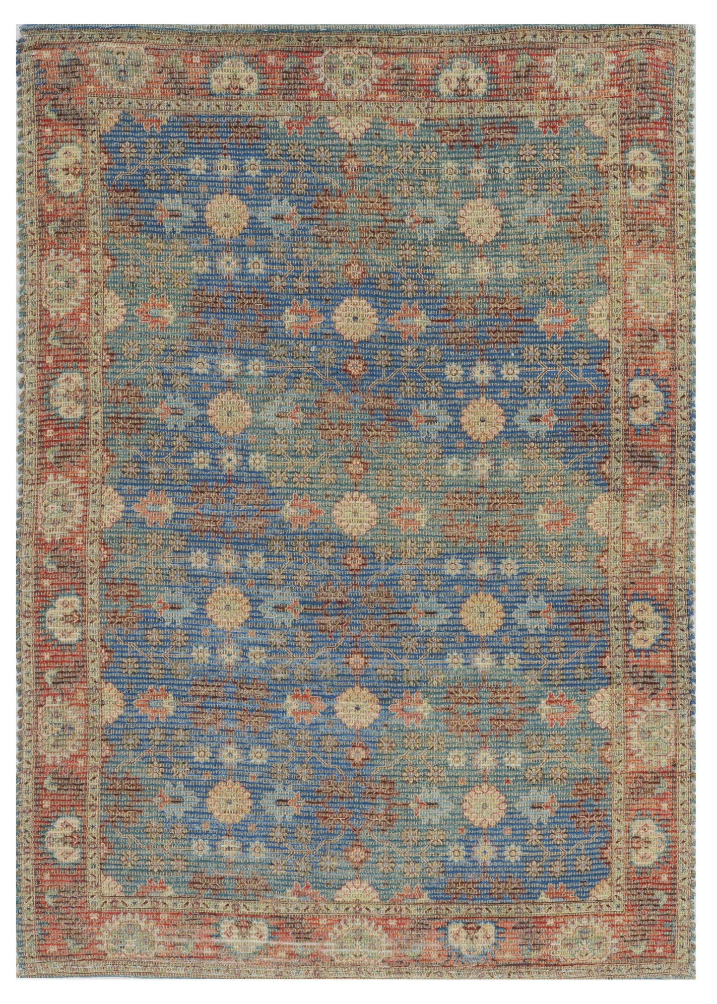 5' X 7' Blue and Red Floral Medallion Hand Woven Area Rug