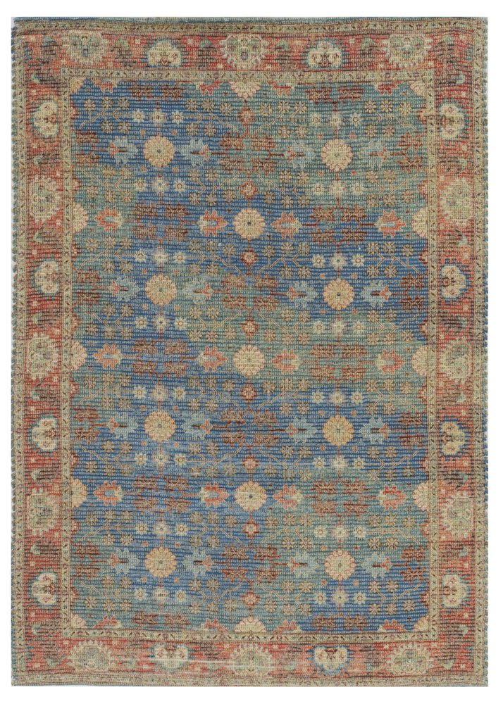 5' X 7' Blue Red And Beige Floral Medallion Hand Woven Distressed Area Rug