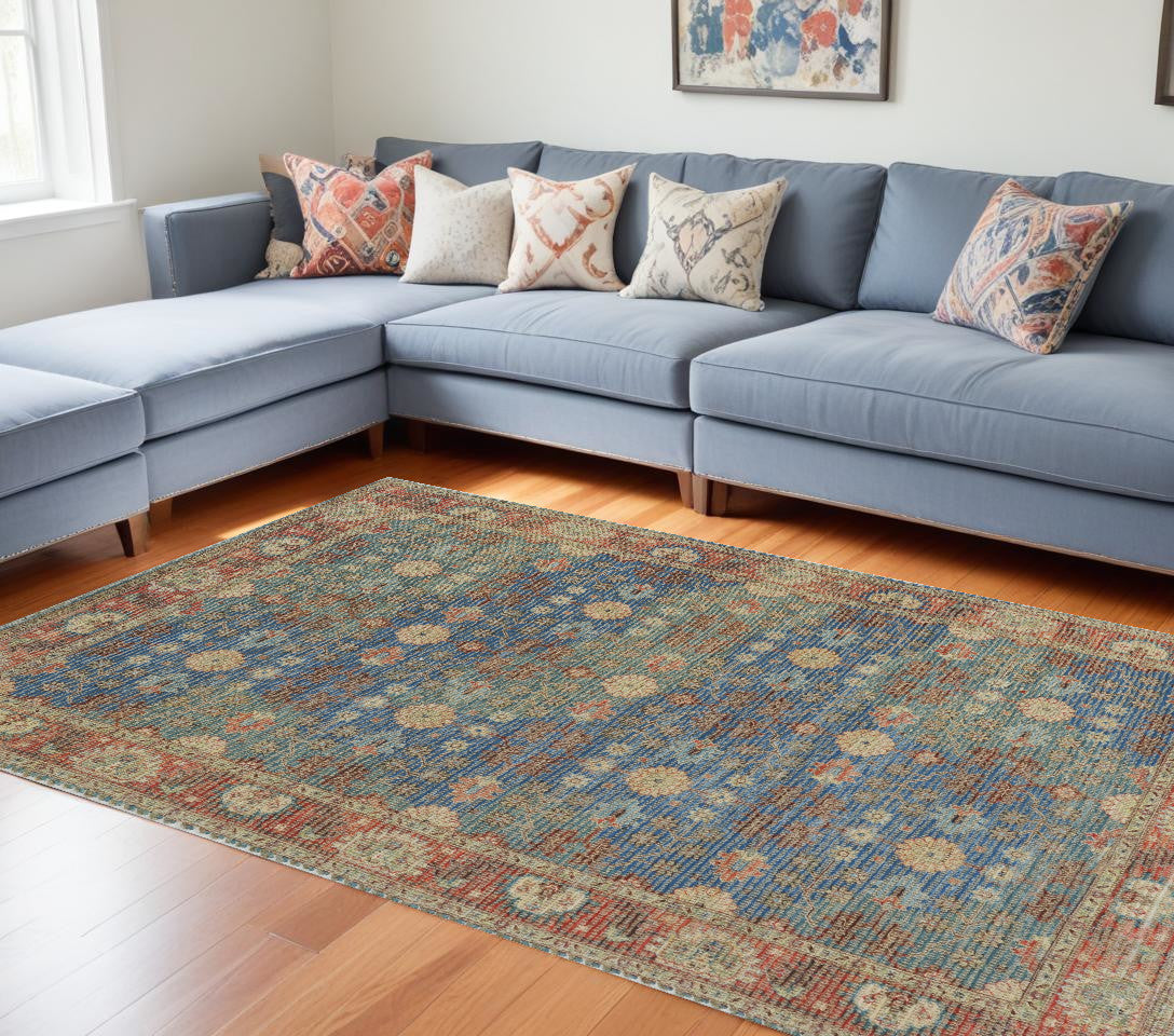 5' X 7' Blue and Red Floral Medallion Hand Woven Area Rug